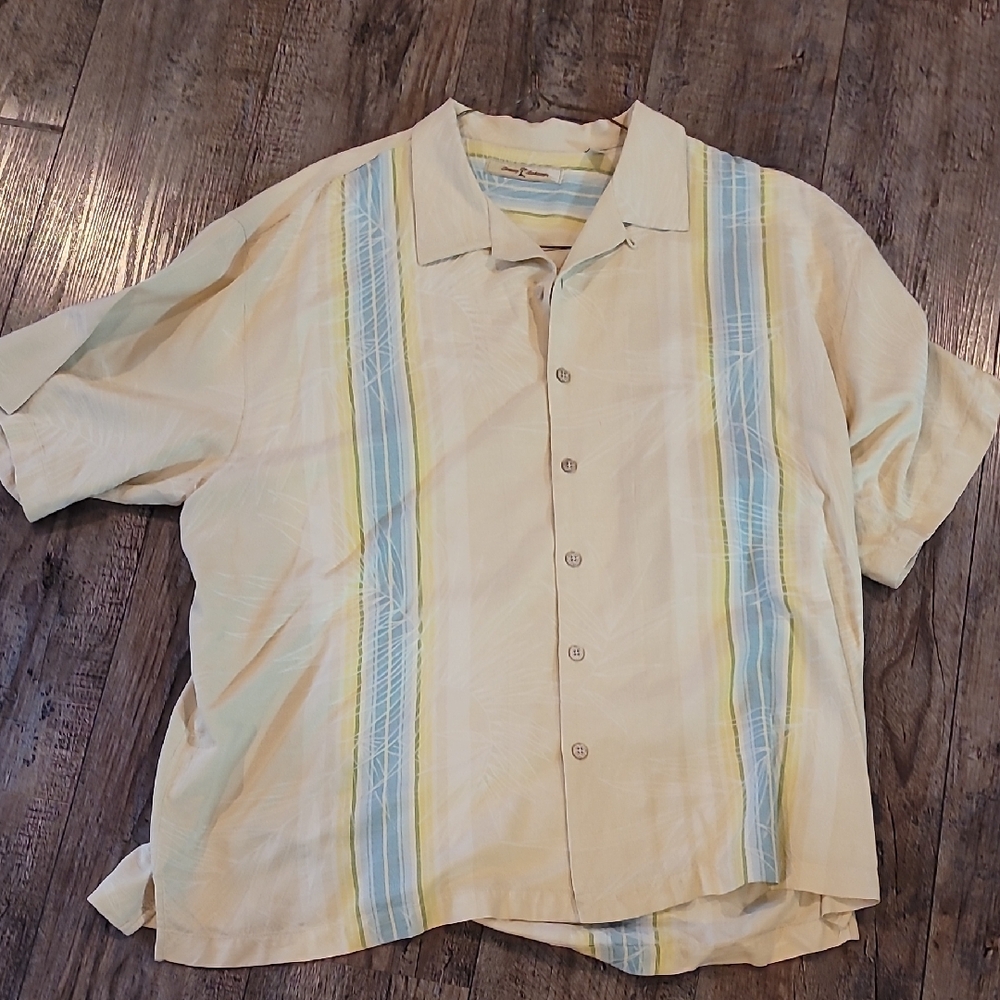 Tommy Bahama Beige Shirt with Blue and Yellow Stripes